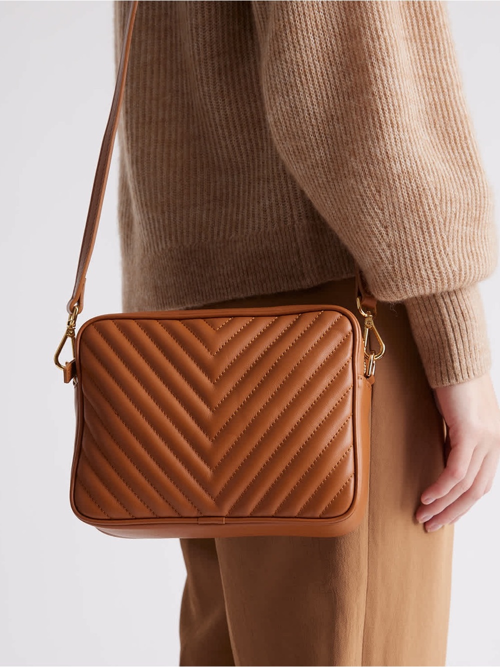 Quince Italian Leather Quilted Crossbody Bag in Cognac